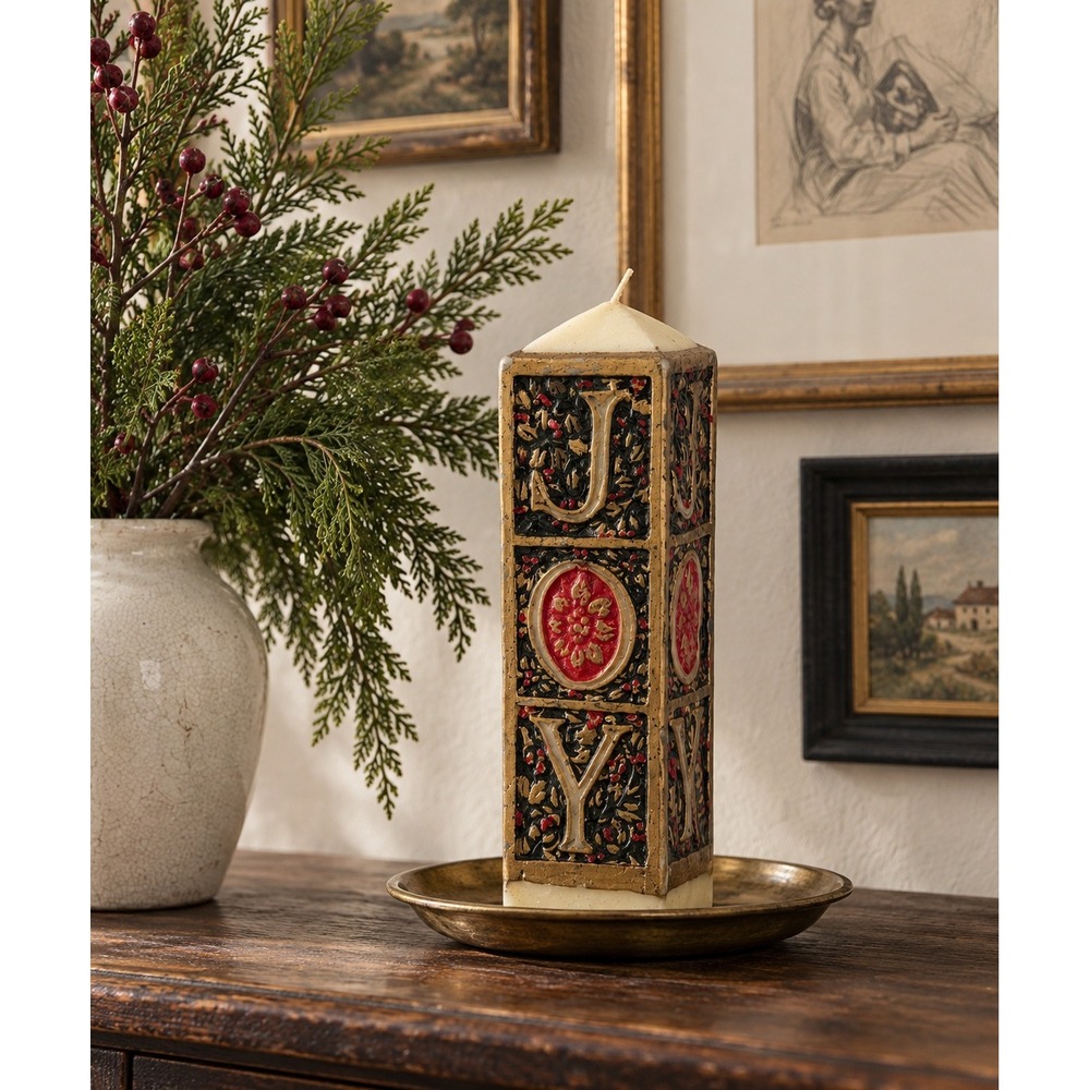 Vintage JOY Pillar Candle, Unused Black Gold Red Christmas Mantel Decor